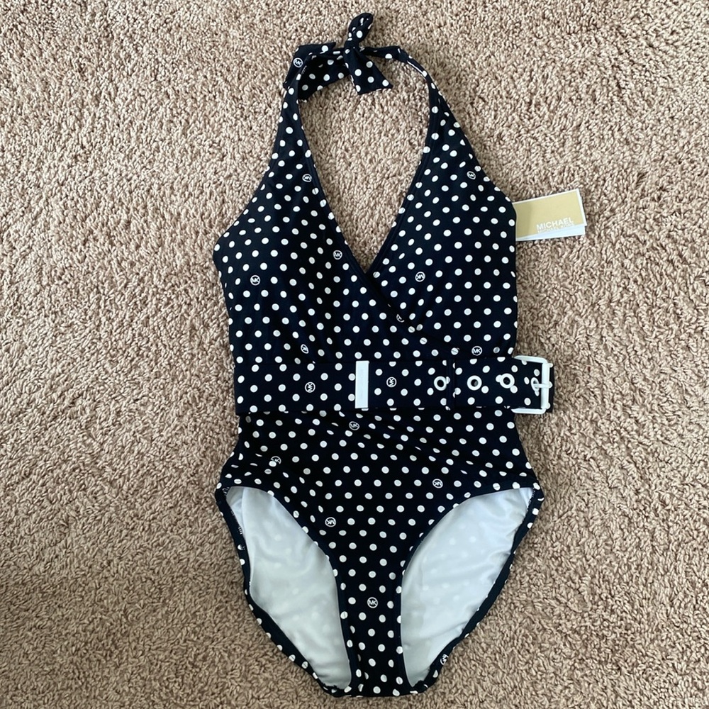 Michael Kors Dot V-Neck Tie Swimsuit Size 10 Halter Belt Black One-Piece NWT - Picture 3 of 11
